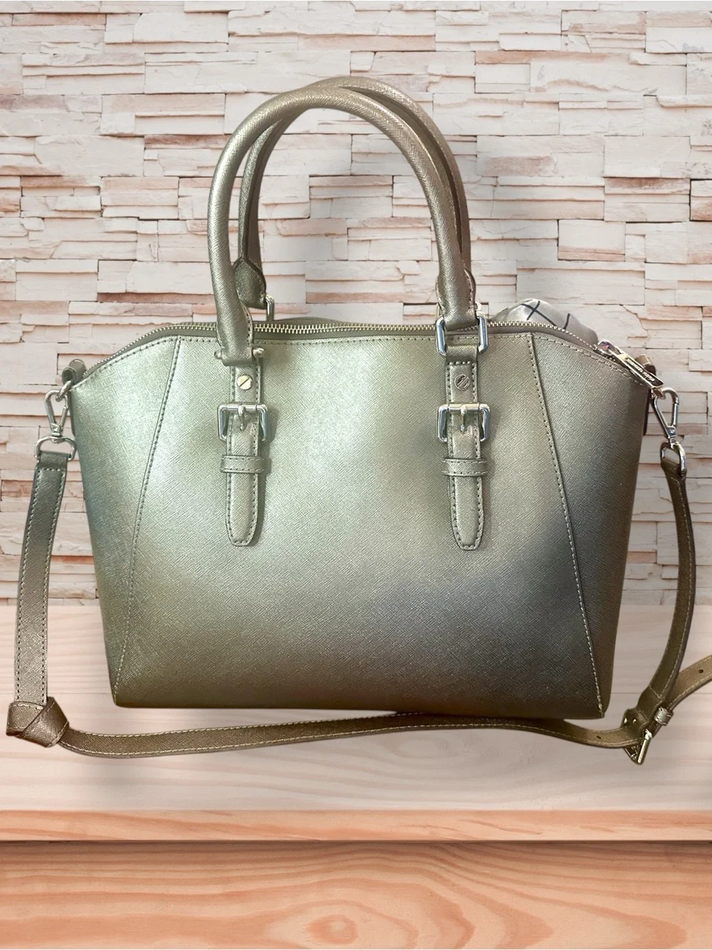 Michael Kors Ciara Large Metallic Silver Saffiano Leather Satchel - Picture 2 of 4